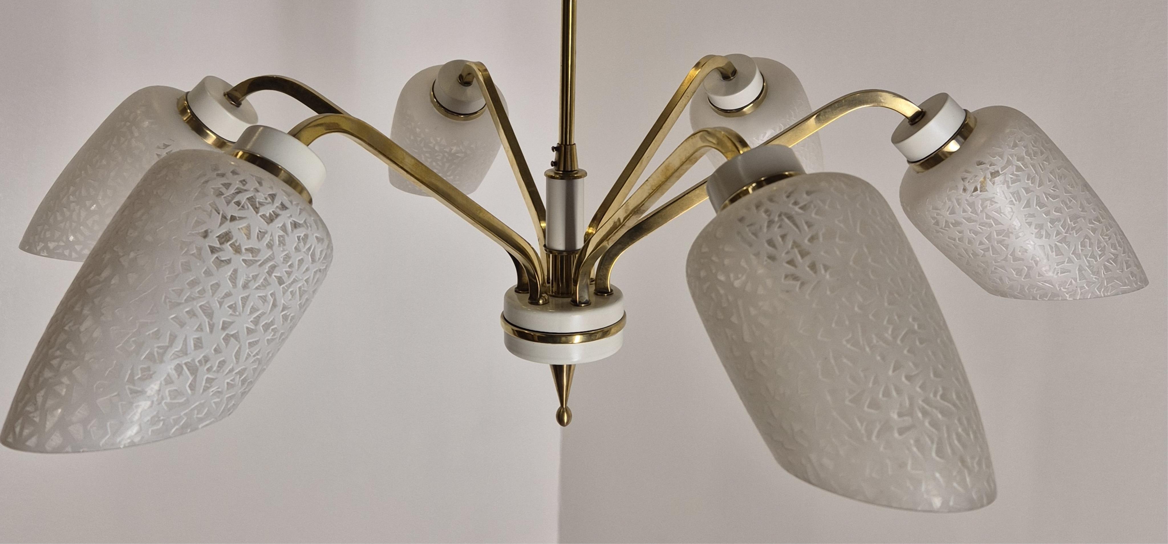 An Italian Retro six light ceiling light with original glass shades, c.1960's-1970's, wired, 66cm high, 70cm diameter